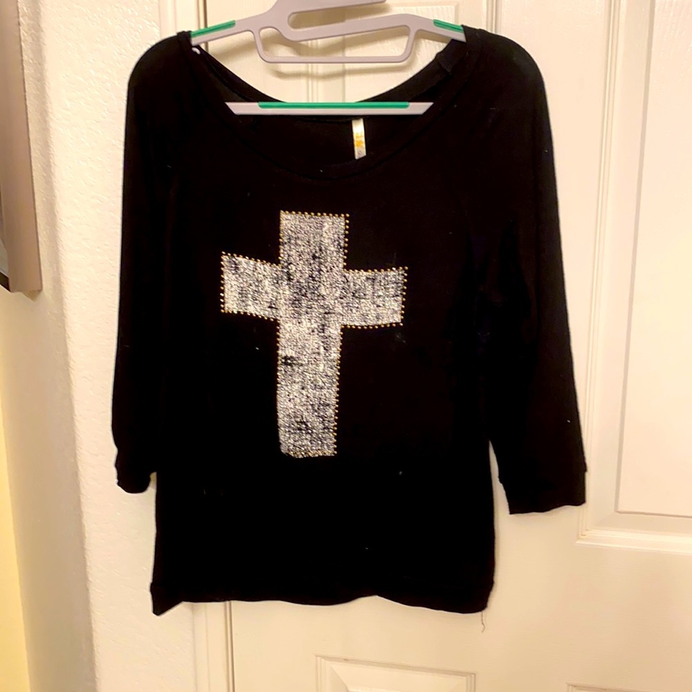 Glittery Silver Cross on Black tee shirt